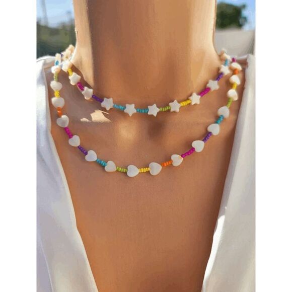 Rainbow Seed Bead Mother of Pearl Stars Necklace - Picture 1 of 5